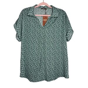 Gaharu Womens Green Floral Ditsy Print Short Sleeve V-Neck Blouse Top NEW